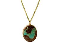 Collier pendentif rond en laiton avec pierre turquoise « La Belle au Bois Dormant » et chaîne forçat. Bijou fait main favorisant la communication | LK_SGMP_0254