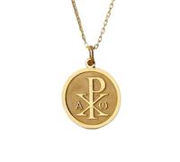 Collier pendentif symbole Alpha Omega en argent sterling 925 | LK_NLC_00985 | Breloque ronde plaquée or avec chaîne câble de 45 cm bijou à symbole religieux cadeau pour femmes et hommes au quotidien