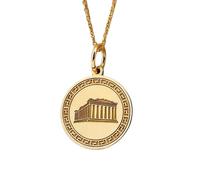 Collier pendentif temple du Parthénon en argent sterling 925 | LK_NLC_00276 | Collier plaqué or avec médaillon rond gravé de 28 mm et chaîne câble de 45 cm symbole d'équilibre et d'harmonie.