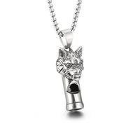 Collier pendentif tête de loup pour hommes, collier en acier inoxydable avec sifflet tête de loup vintage, argent, 50 cm