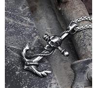 Collier Pendentif Tête de Mort Ancre Nautique, Bijoux Amulette de Protection Hypoallergénique en Acier Inoxydable Vintage de Style Punk Gothique Pour Hommes, Avec Chaîne de Quille Robuste,Argent,60 cm