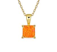 Collier Pendentif Traditionnel Élégant 1,25 CT Solitaire Carré Coupe Princesse Opale Orange Créée pour Femmes Adolescents Plaqué Or Jaune 14K Argent Sterling .925 Pierre de Naissance d'Octobre
