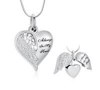 Collier pendentif urne funéraire en forme de cœur avec ailes d'ange - Bijoux de crémation pour femmes et hommes - Minicremation - Pour cendres - Bijou souvenir - Toujours dans mon esprit - Pour