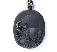 Collier Perles d'obsidienne Noire Naturelle Pendentif en Jade de bétail sculpté à la Main