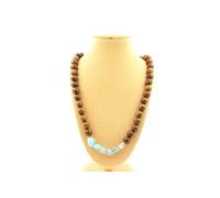 Collier perles Larimar de République Dominicaine + bois 8 mm chaîne inox - A Bijoux