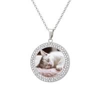 Collier personnalisé avec image de chat endormi avec pendentif en chaîne circulaire doré/argenté - Collier souvenir Hip Hop - Bijoux commémoratifs pour homme et femme, One Size, Acier titane, Strass
