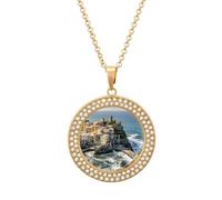 Collier personnalisé avec image de village de pêcheurs avec pendentif en forme de cercle - Doré/argenté - Collier souvenir Hip Hop - Bijoux commémoratifs pour homme et femme, One size, Acier titane