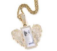 Collier personnalisé avec pendentif photo en forme d'aile d'ange pour homme et femme, chaîne souvenir, bijou hip-hop avec pendentif glacé et brillant