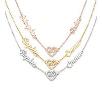 Collier personnalisé avec prénom - Collier en forme de cœur en oxyde de zirconium - Argent plaqué or 18 carats - Cadeau de fête des mères pour maman, grand-mère, cadeau d'anniversaire pour femme