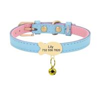 Collier personnalisé en cuir avec plaque d'identification pour petit chat et chien, convient pour les chiens et chats de petite et moyenne taille avec plaque signalétique cloche, bleu clair, XS
