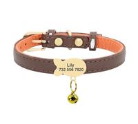 Collier personnalisé en cuir avec plaque d'identification pour petit chat et chien, convient pour les chiens et chats de petite et moyenne taille avec plaque signalétique cloche, marron, XS