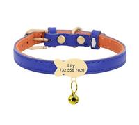 Collier personnalisé en cuir avec plaque d'identification pour petit chat et chien, convient pour les chiens et chats de petite et moyenne taille avec plaque signalétique cloche, bleu foncé, S