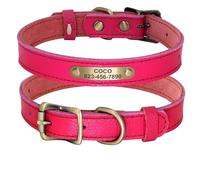 Collier personnalisé en cuir véritable pour animal de compagnie, collier réglable anti-perte pour chihuahua, carlin, labrador, rose rouge, S