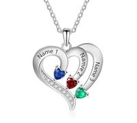 Collier personnalisé en forme de cœur avec pierre de naissance pour femme - Collier personnalisé avec 2 à 4 noms - Pierre de naissance pour maman, grand-mère, épouse, cadeau pour anniversaire, Noël
