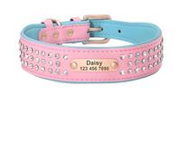 Collier personnalisé for Chien en Cuir avec Strass for Petits, Moyens et Grands Chiens, Plaque d'identification gravée Collier Chien Large(302 Pink,2)