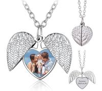 Collier Personnalisé Photo & Texte, Collier Personnalisé Acier Inoxydable, Pendentif Coeur Photo avec Ailes D'ange, Bijoux Cadeau Anniversaire Noël pour Épouse, Copines, Amis, Famille (Argent)