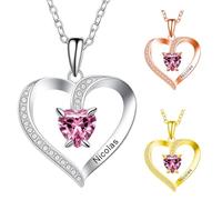 Collier Personnalisé Prénom - Pendentif Personnalisable Cœur en Argent avec Gravure de Prénom et Pierre de Naissance, Cadeau de Saint Valentin Fête des Mères, Bijou pour Femme/Mère (Amour 1 Nom)