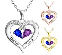Collier Personnalisé Prénom - Pendentif Personnalisable Cœur en Argent avec Gravure de Prénom et Pierre de Naissance, Cadeau de Saint Valentin Fête des Mères, Bijou pour Femme/Mère (Nouveau 2 Nom)
