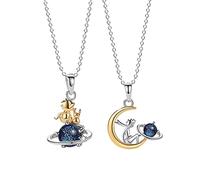 Collier Petit Prince et Pendentif Renard pour Femme, 2 Pcs Pendentif Petit Prince en Argent 925 Incrusté de Cristal Planète, pour Colliers de Couple/Cadeaux D'anniversaire pour Les Amies/la