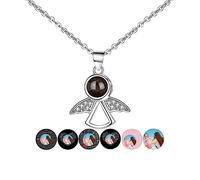 Collier photo de projection personnalisé avec image à l'intérieur du collier d'ailes d'ange Je t'aime en 100 langues Bijoux de mémoire romantique Pendentif commémoratif pour femmes hommes grand-père