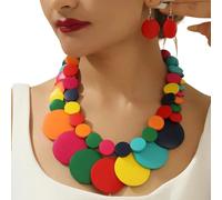 Collier plastron double brin avec couches de disque gradué, finition aspect bois, chaîne de cou avec pendentif boucles d'oreilles pour tenue de style, collier à disques superposés, bijou rond, chaîne