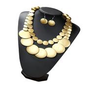 Collier plastron double brin avec couches de disque gradué, finition aspect bois, chaîne de cou avec pendentif boucles d'oreilles pour tenue de style, collier à disques superposés, bijou rond, chaîne