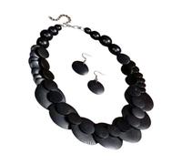 Collier plastron double brin avec couches de disque gradué, finition aspect bois, chaîne de cou avec pendentif boucles d'oreilles pour tenue de style, collier à disques superposés, bijou rond, chaîne