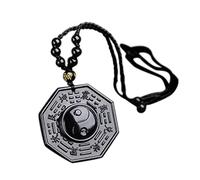 Collier porte-bonheur avec pendentif en obsidienne noire sculptée à la main - Collier avec pendentif Tai Chi Bagua réglable en corde tressée Yin Yang - Dragon Phoenix - Pour homme et femme - Bijou de