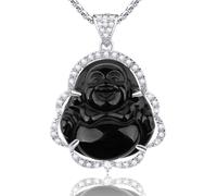 Collier porte-bonheur de luxe avec pendentif en oxyde de zirconium avec chaîne plaquée or 18 carats - Collier délicat amulette - Bijoux cadeau, Acier inoxydable, Zircone cubique, obsidienne