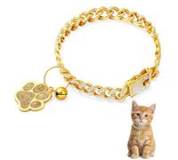 Collier pour chat doré - Chaîne diamant dorée - Collier de marche en métal pailleté avec boucle sécurisée - Breloque patte et clochette - Accessoires de bijoux cubains pour chiot, chiens de petite