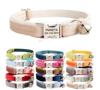 Collier pour Chat et Chaton brodé personnalisé avec Clochette pour Chat et Petit Chien, Chiot et Chaton - Texte personnalisé avec nom et numéro de téléphone de l'animal (L (20cm-32cm), Blanc)