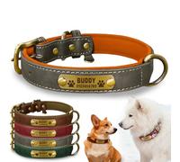 Collier pour chien en cuir personnalisé, réglable et rembourré avec plaque gravée personnalisée, collier anti-perte pour chiens de petite, moyenne et grande taille (gris)