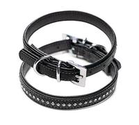 Collier pour chien en cuir véritable orné de strass et de cristaux - Collier en cuir de buffle rembourré et double couche Audrey (XS (19,0-23,5 cm) Noir