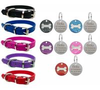 Collier pour chien en cuir vibrant pour chiot, chiens de petite, moyenne et grande taille avec médaille en forme d'os ronde gravée personnalisée (S (cou de 27 cm à 33 cm), rouge)