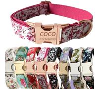 Collier pour Chien personnalisé avec Boucle en métal gravée avec Un Joli Motif Floral - Nom et numéro de téléphone personnalisés - Collier pour Chien personnalisé, réglable pour Chiens (Roserouge, L)