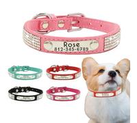 Collier pour chien personnalisé en cuir avec paillettes gravées avec le nom et le numéro de téléphone de votre animal de compagnie. Design en strass étincelants avec tailles réglables