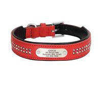 Collier pour Chien personnalisé en Cuir véritable avec Diamants en Cristal et Collier Souple avec nom d'identification personnalisé(Red 2,XL)