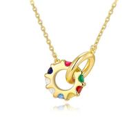 Collier pour femme avec pendentif double anneau doré/argent avec zircones multicolores, collier avec 2 ronds, 40 + 5 cm, réglable, bijou pour femme, mère, anniversaire, anniversaire de mariage, boîte