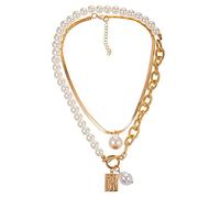 Collier pour femme, chaîne de clavicule, tendance, 2 couches de perles, pendentif géométrique, colliers pour femme, métal doré, serpent, cadeau, cadenas en or