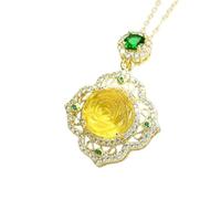 Collier pour homme avec pendentif en ambre naturelle et fleur ocre - Style ethnique - Jade - Incrustation de pierres précieuses - Plaqué cuivre