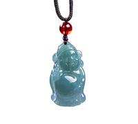 Collier pour homme avec pendentif en forme de dieu de la richesse avec émeraude bleue naturelle et exquise sculptée - Amulette tendance - Cadeau pour homme et femme