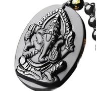 Collier pour homme, beau travail à la main en obsidienne noire naturelle sculpté nez éléphant Bouddha Dieu de la richesse porte-bonheur + collier de perles cadeau bijoux