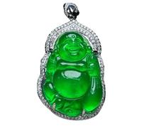 Collier pour homme en jadéite naturelle avec pendentif Bouddha de type glace en jade vert - Collier amulette de style simple galvanisé