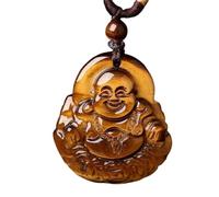 Collier pour homme, pierre naturelle œil de tigre rieur Bouddha pendentif collier bijoux sculpté à la main relaxant guérison femme homme cadeau amulette