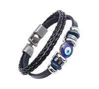 Collier punk turc bleu mauvais œil en cuir tressé avec feuille d'érable - Bijoux ethniques pour homme et femme, 18 Inch, Cuir, verre, n / a