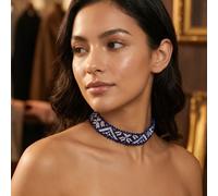 Collier ras-de-cou à perles de mode pour femmes, style bohème, motif géométrique de losanges bleu et blanc, longueur réglable, perles de rocaille tissées à la main. Convient pour le port quotidien, le