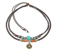 Collier Ras de Cou Bohème Double Cordon avec Pendentif Pièce, Cuir Marron et Corde en Chanvre, Ajustable 38 cm