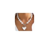 Collier ras du cou avec grosses perles dorées et pendentif en forme de cœur pour femme, Large, Métal, Pas de gemme