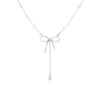 Collier Ras Du Cou Avec Nœud En Y Et Perles Pour Femmes Et Filles, Plaqué Or 14 Carats,Breloques Délicates En Cz,Longues Chaînes Réglables, Élégant,Cadeau De Mariage,d'Anniversaire,De Bijoux (Argent)
