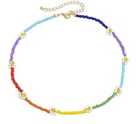 Collier ras du cou avec perles et marguerites arc-en-ciel - Collier de perles colorées - Pour l'été et la plage - Collier d'été coloré - Bijoux de fête pour femmes et filles, M, Plastique
